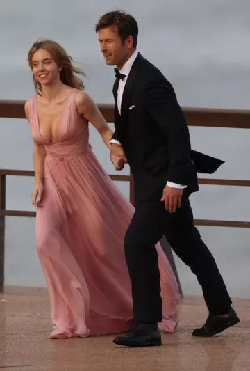 Pink dress worn by Sydney Sweeney on the set of Anyone But You movie in Sydney