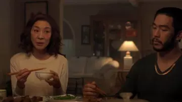 Vince Camuto White Exposed Seam Crewneck Sweater worn by Eileen 'Mama' Sun (Michelle Yeoh) as seen in The Brothers Sun (S01E04)