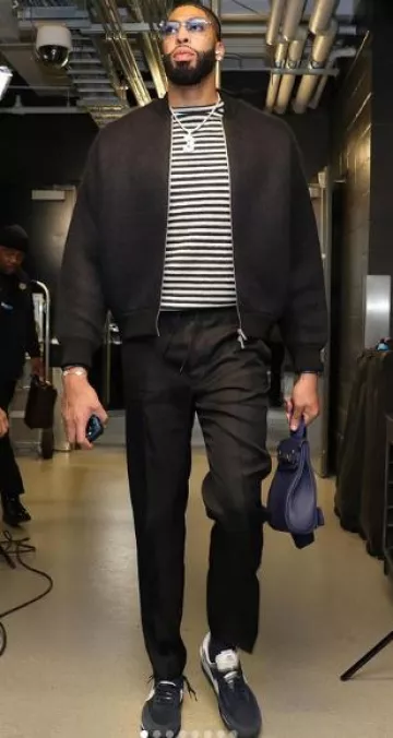 Jil Sander Black Alpaca Rounded Bomber Jacket worn by Anthony Davis on the Instagram account @anthonydavislaker