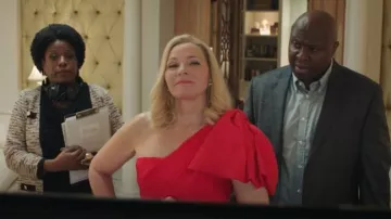 Roland Mouret Toulon Top worn by Margaret Monreaux (Kim Cattrall) as seen in Filthy Rich (S01E02)