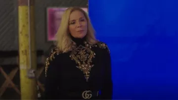 Gucci Wide Leather Belt with Pearl Dou­ble G worn by Margaret Monreaux (Kim Cattrall) as seen in Filthy Rich (S01E02)