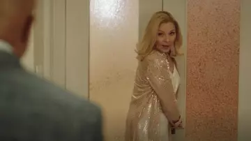 Bottega Veneta Sequin Embellished Satin Jersey Midi Dress worn by Margaret Monreaux (Kim Cattrall) as seen in Filthy Rich (S01E03)