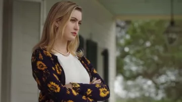 J Crew Floral Caryn Cardigan worn by Becky Monreaux (Olivia Macklin) as seen in Filthy Rich (S01E04)