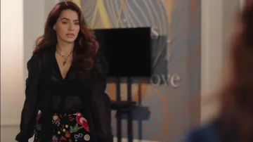 Y.A.S Pussy Bow Polka Dot Sheer Blouse with Puff Sleeve worn by Ginger Sweet (Melia Kreiling) as seen in Filthy Rich (S01E06)