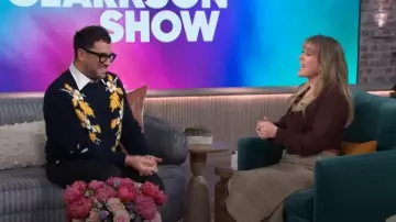 Stefan Cooke Navy Oak Leaf Sweater worn by Daniel Levy as seen in The Kelly Clarkson Show on January 12, 2024