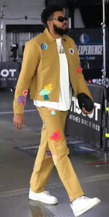 Nahmias Khaki Crochet Patch Workwear Jacket worn by Karl-Anthony Towns on the Instagram account @karltowns