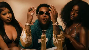 Versace Teal Blue I Heart Baroque Short Robe worn by Finesse2tymes in Fat Boy (feat. Rick Ross) [Official Music Video]