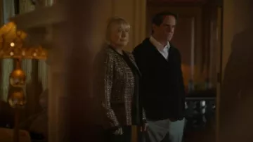 Kasper Tweed Metallic Gold Open Lined Shiny Black Trim Pockets Jacket worn by Katherine (Jayne Atkinson) as seen in Death and Other Details (S01E01)