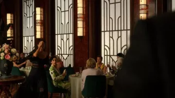 Karen Millen Spring Green Botanical Bunches Tailored Wide Leg Pants worn by Anna (Lauren Patten) as seen in Death and Other Details (S01E02)