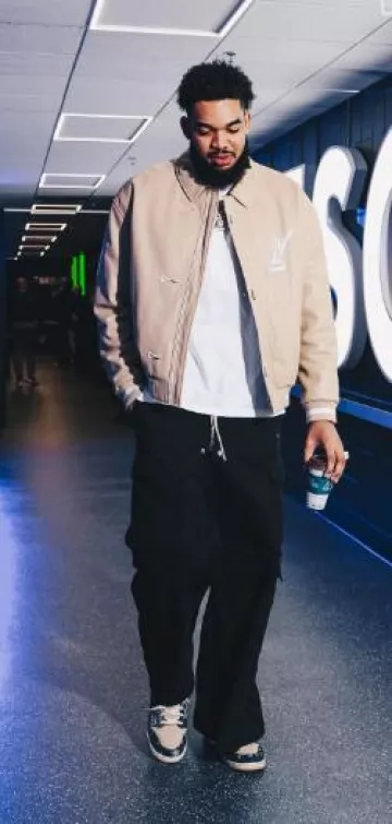 Louis Vuitton Beige Leather 'Cafe Racer' Jacket worn by Karl-Anthony Towns on the Instagram account @karltowns