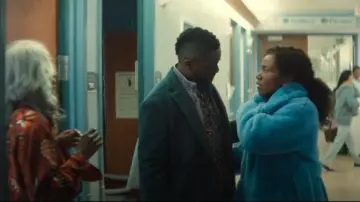 Burberry Over­sized Shear­ling Coat Blue worn by Sloane (DeWanda Wise) as seen in Three Women (S01E09)