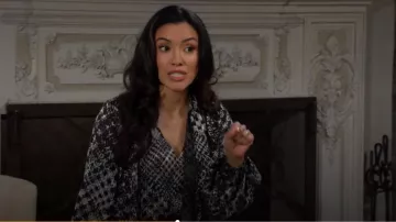 Ramy Brook Aliyah Blouse in Houndstooth Burnout worn by Audra Charles ( Zuleyka Silver) as seen in The Young and the Restless on January 8, 2024