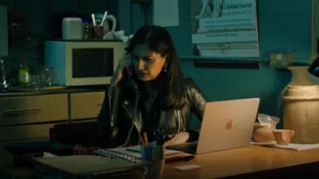 Barneys Originals Clara Leather Jack­et worn by Sam (Nimmi Harasgama) as seen in Finders Keepers (S01E02)