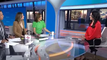 Blusa Georgette de manga larga con cuello con volantes de Vince Camuto usada por Emilie Ikeda como se ve en Today el 29 de enero de 2024