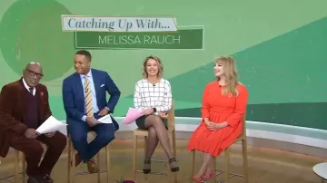 Ann Taylor Pleated Belted Flare Dress In Grenadine Punch worn by Melissa Rauch as seen in Today on  January 30, 2024