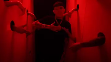 Amiri Black Staggered Logo T Shirt worn by Junior H in Oscar Maydon x Junior H x Gabito Ballesteros - Skin De Bandida [Official Video]