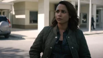 Ugg Reversible Quilted & Faux Shearling Bomber Jacket In Olive worn by Jackie Quiñones (Monica Raymund) as seen in Hightown (S02E01)