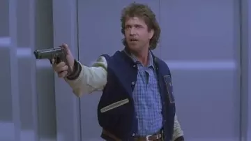 Blue Varsity Jacket worn by Martin Riggs (mel Gibson) as seen in Lethal Weapon 2 movie outfits