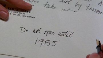 The letter written in 1955 by Marty McFly (Michael J. Fox) in Doc (Christopher Lloyd) in Back to the future