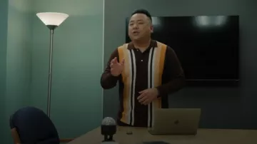 Beams Plus Knit 12-Gauge Striped Polo Shirt Brown worn by Andrew Pham (Andrew Phung) as seen in Run the Burbs (S03E05)