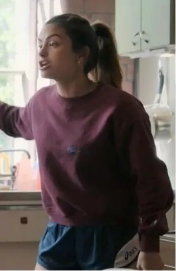Champion Powerblend Script Logo Sweatshirt in burgundy worn by Ana (Camila Mendes) in Upgraded movie