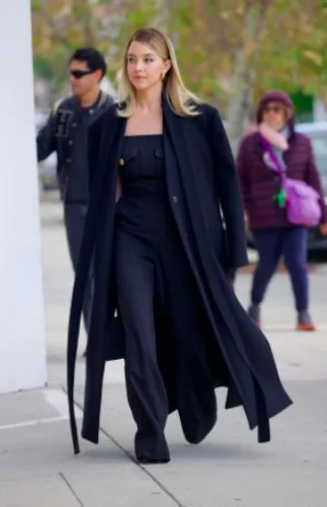 Givenchy Coat in Double Face Cashmere with Scarf worn by Sydney Sweeney at Madame Web Los Angeles Press on February 8, 2024