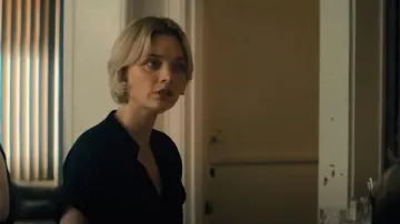 Paige Dijon Short-Sleeve Satin Bodysuit worn by Mandy Bond (Bella Heathcote) as seen in Scrublands (S01E03)