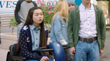 Anthropologie Leifnotes Ruffled Flight Cardigan worn by Denise (Alexa Loo) as seen in Chad (S02E10)
