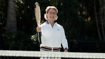 Tory Burch Tech knit tennis bomber jacket worn by Joy Delaney (Annette Bening) as seen in Apples Never Fall (Season 1)