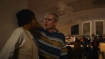 Asos Design Over­sized Stripe T-Shirt In Navy With Running Club Badging worn by Cameron (Harry Cadby) as seen in Everything Now (S01E07)