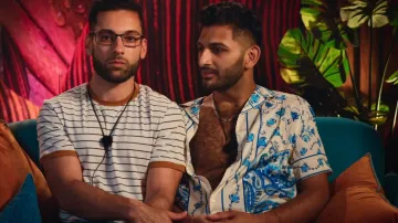 Asos Design Re­laxed Re­vere Satin Shirt With Floral Border Print worn by Ashmal Ali as seen in Couple to Throuple (S01E04)