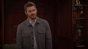 Theory River Cotton Blend Twill Trucker Jacket in Dark Grey worn by  Liam Spencer(Scott Clifton) as seen in The Bold and the Beautiful on February 15, 2024