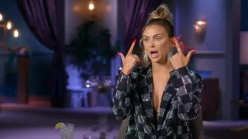 Akira Pop Star Checkered Rhinestone Blazer worn by Lala Kent as seen in Vanderpump Rules (S11E04)