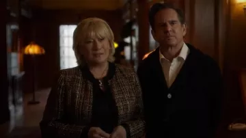 Kasper Tweed Metallic Gold Open Lined Shiny Black Trim Pockets Jacket worn by Katherine (Jayne Atkinson) as seen in Death and Other Details (S01E07)