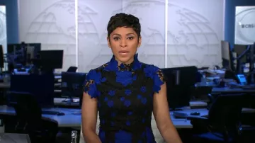 Shelli segal Mock Neck Lace Dress de Laundry usado por Jericka Duncan como se ve en CBS Evening News el 20 de febrero de 2024