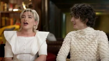 Bottega Veneta Fish Scale Wool-Blend Sweater in Dove worn by Timothée Chalamet as seen in Good Morning America on February 22, 2024