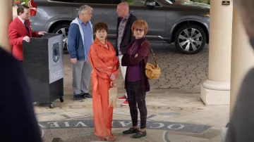 Cult Gaia Sinead Crushed Satin Wide Leg Pants In Rouge worn by Susie Greene (Susie Essman) as seen in Curb Your Enthusiasm (S12E04)