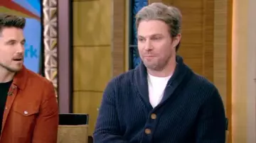Brunello Cucinelli Shawl Neck Cot­ton Cardi­gan worn by Stephen Amell as seen in LIVE with Kelly and Mark on February 26, 2024