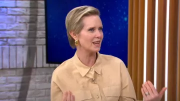 Lafayette 148 New York Pa­perfine Suede Shirt Jack­et worn by Cynthia Nixon as seen in CBS Mornings on February 26, 2024