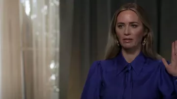 Zimmermann Natura Silk Satin Tie Neck Button Up Shirt worn by Emily Blunt as seen in Good Morning America on February 26, 2024