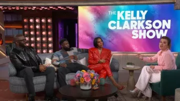 Sandro Lian Check Wide Leg Tweed Pants worn by Kelly Clarkson as seen in The Kelly Clarkson Show on February 23, 2024