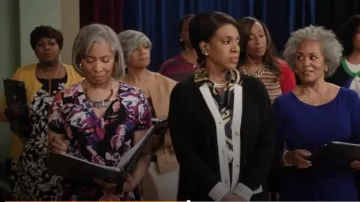 DKNY Printed Chiffon Surplice V-Neck 3/4 Sleeve Faux Wrap Dress worn by Jaxy Boyd as seen in Abbott Elementary (S03E05)