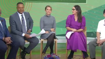 Eliza J Vestido de suéter de cuello alto usado por Dylan Dreyer como se ve en Today el 29 de febrero de 2024