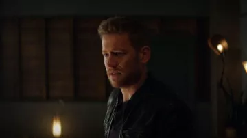 John Varvatos Star USA Leather Band Collar Moto Jacket worn by Evan Hartley (Gavin Stenhouse) as seen in Kung Fu (S02E09)