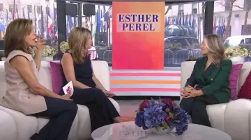 Blazer de solapa de pico plateado con bloques de color usado por Esther Perel como se ve en Today with Hoda & Jenna el 4 de marzo de 2024
