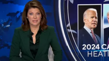 Camisa Hansen Charmeuse de la colección Michael Kors en el bosque usada por Norah O'Donnell como se ve en CBS Evening News con Norah O'Donnell el 11 de marzo de 2024