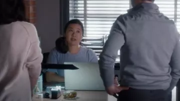INC International Concepts Ruffle Elbow Sleeve Sweater worn by Zoe Chow (Samantha Wan) as seen in Private Eyes (S05E01)