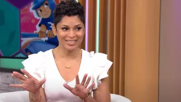 Express Ribbed V-Neck Ruffle Sleeve Bodysuit worn by Jericka Duncan as seen in CBS Mornings on  March 12, 2024