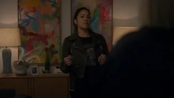 Zara Faux Suede Biker Jacket in Olive Green worn by Nell Serrano (Gina Rodriguez) as seen in Not Dead Yet (S02E05)