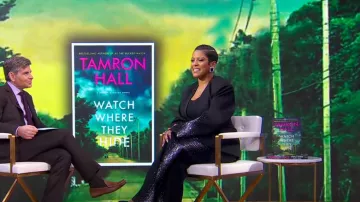 Le pantalon droit Attico Jagger High Rise Strass Side Stripe porté par Tamron Hall dans Good Morning America le 13 mars 2024